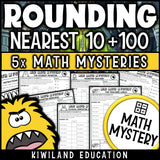 Rounding to the nearest 10 and 100 math mystery worksheets cover - monster theme
