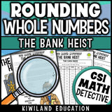 Rounding numbers detective story with suspect chart, printable math mystery for 3rd and 4th grade