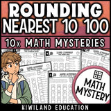 Rounding to the nearest 10 and 100 worksheets for 3rd grade, printable math mystery pack