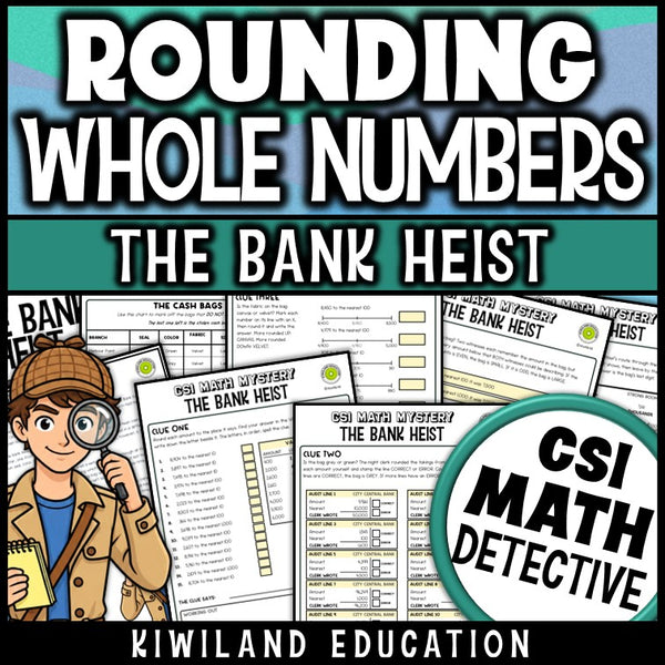 Rounding whole numbers CSI Math Mystery place value worksheets for 3rd and 4th grade