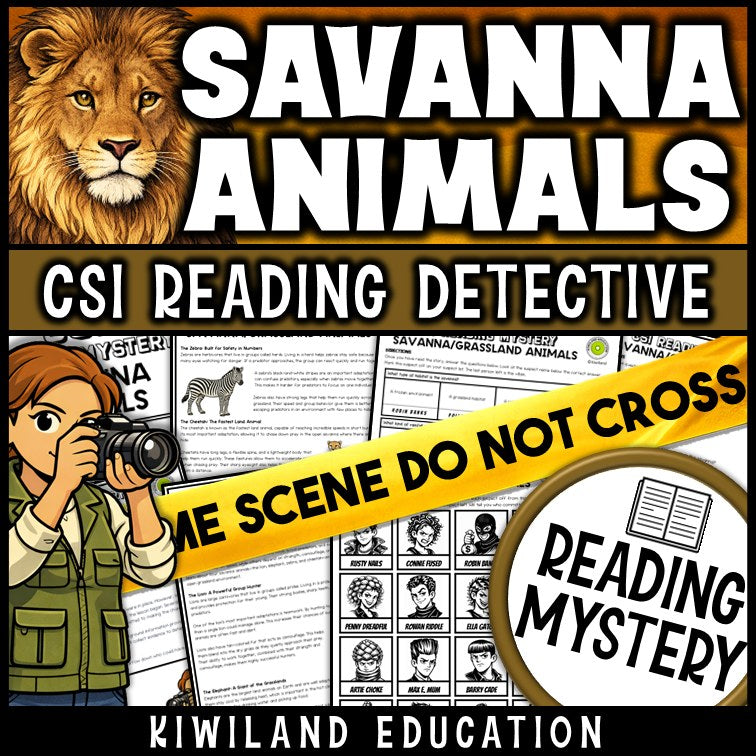 Savanna and grassland animals science reading mystery cover for grades 3-6