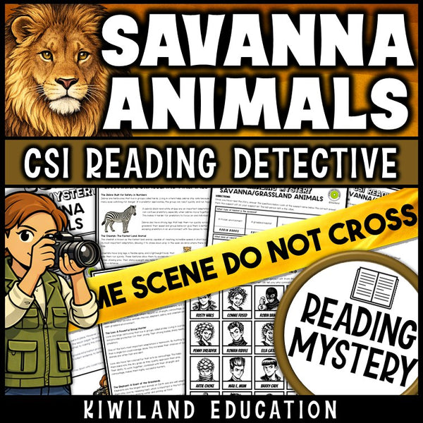 Savanna and grassland animals science reading mystery cover for grades 3-6