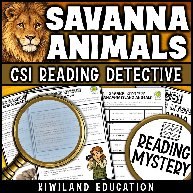 Nonfiction savanna and grassland animals reading comprehension passage for grades 3-6