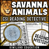 Savanna animals reading mystery comprehension questions worksheet with suspect line-up