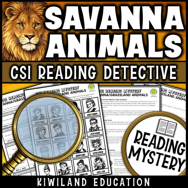 Savanna animals reading mystery comprehension questions worksheet with suspect line-up