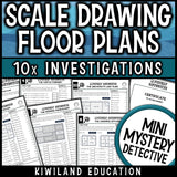Scale drawing floor plans and grid paper plans in ten mystery cases, with a certificate of achievement
