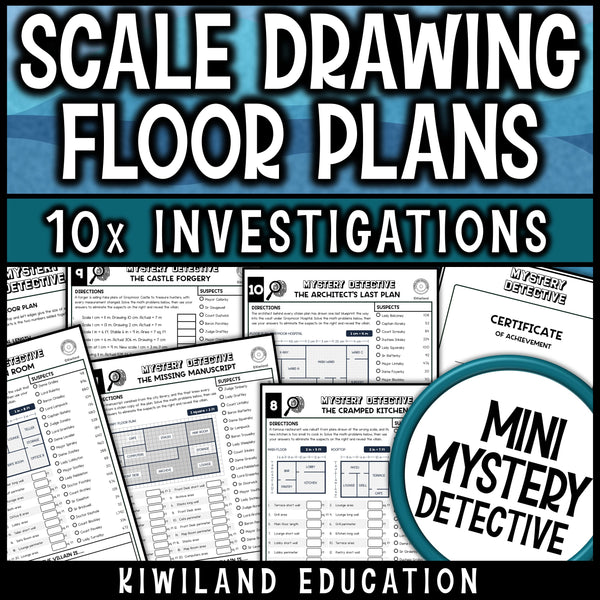 Scale drawing floor plans and grid paper plans in ten mystery cases, with a certificate of achievement