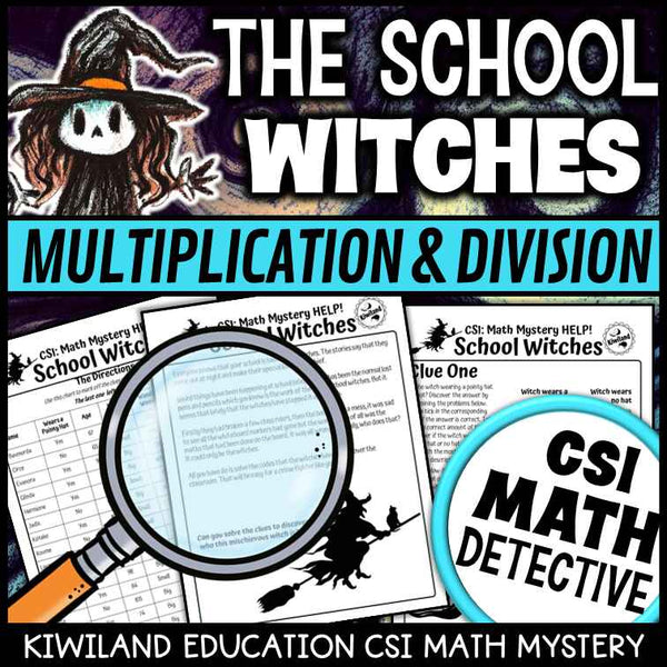 CSI math mystery clue pages showing multiplication and division facts for grades 4 to 6