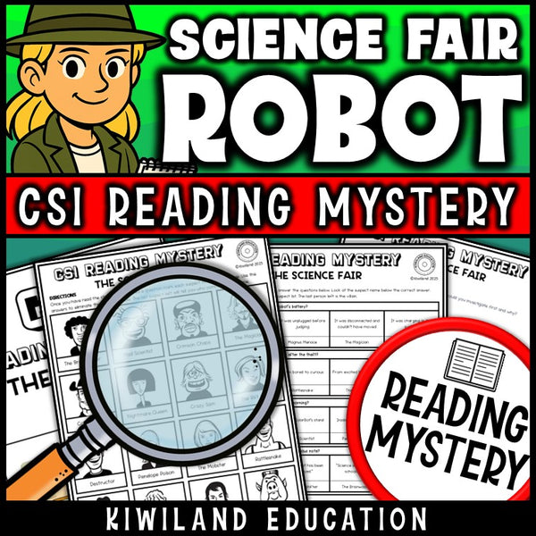 Science Fair reading mystery comprehension questions worksheet with suspect line-up