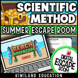 Scientific method beach digital escape room cover, middle school science grades 6–9