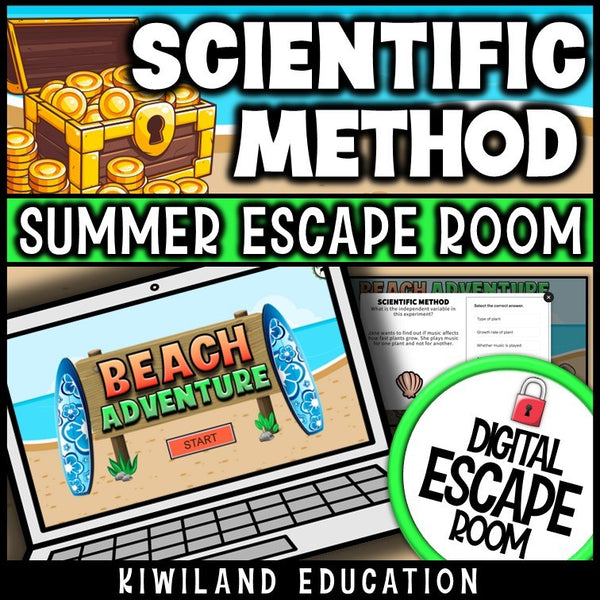 Scientific method beach digital escape room cover, middle school science grades 6–9