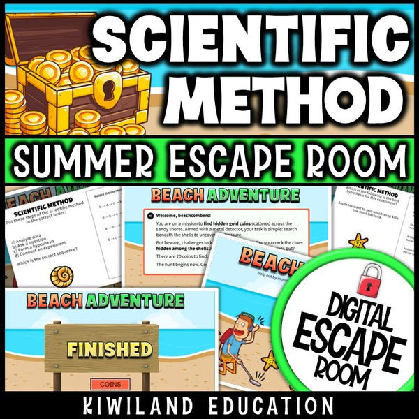 Interactive beach treasure-hunt science activity with animated scientific method questions