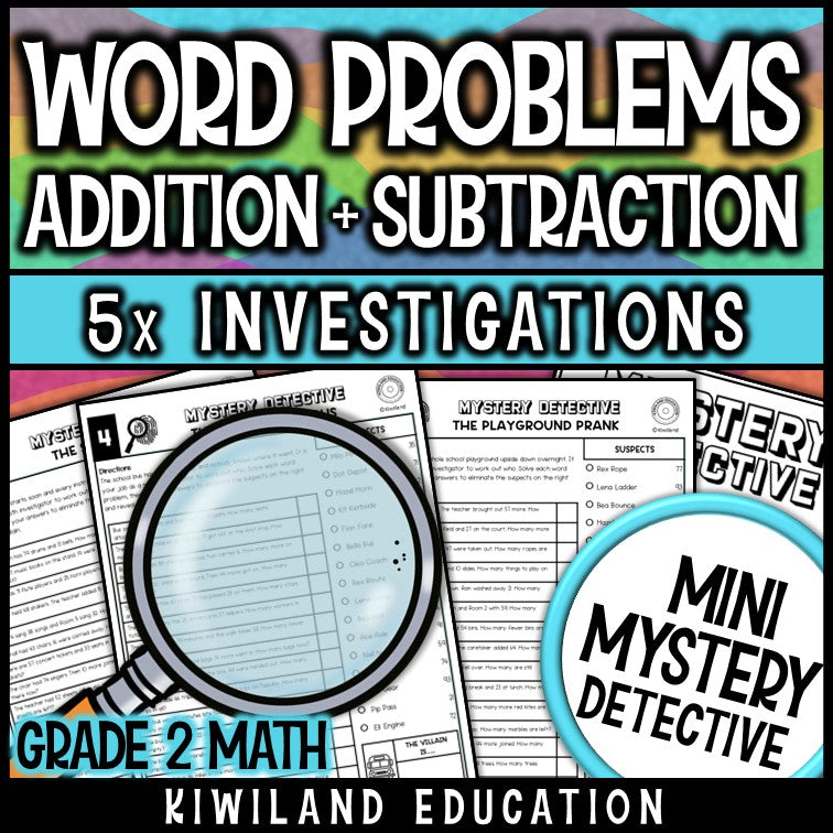 Second grade addition subtraction story problems math detective centers
