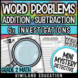 Second grade addition subtraction story problems math detective centers