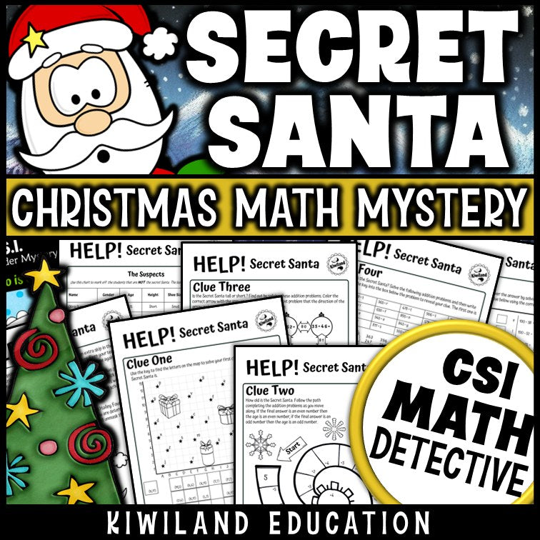 Secret Santa Christmas addition and subtraction CSI Math Mystery cover for grades 2 to 5