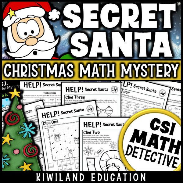 Secret Santa Christmas addition and subtraction CSI Math Mystery cover for grades 2 to 5