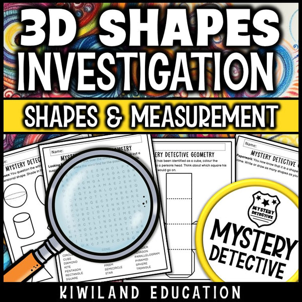Shape word search and 3D net cube CSI mystery printable worksheets