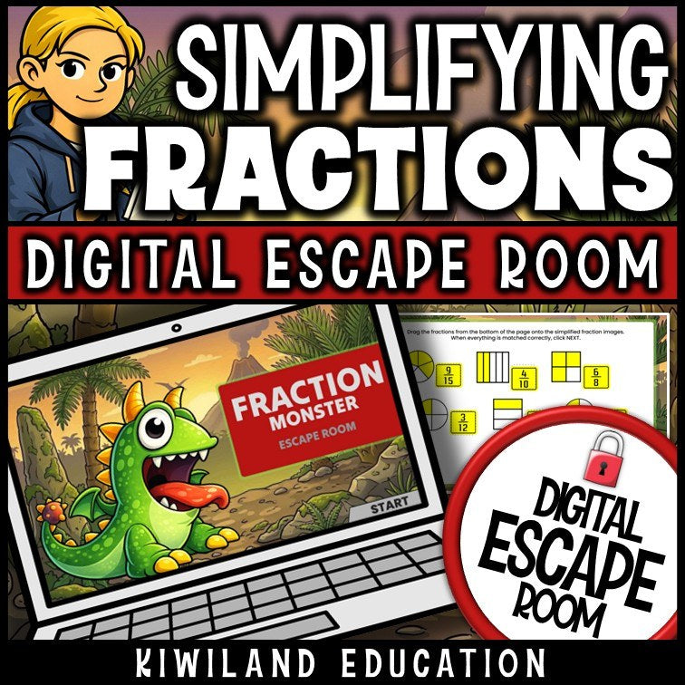 Simplifying fractions digital escape room cover, Fraction Monster math activity grades 3–7