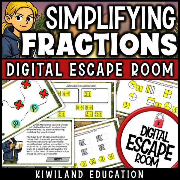 Interactive fractions activity with animated equivalent-fraction matching challenges