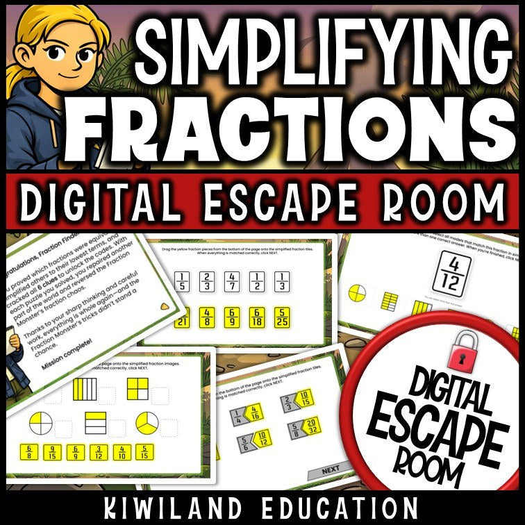 No-prep simplifying fractions review game with self-checking code locks