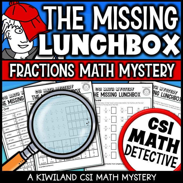 Simplifying and ordering fractions worksheets from the Missing Lunchbox math mystery