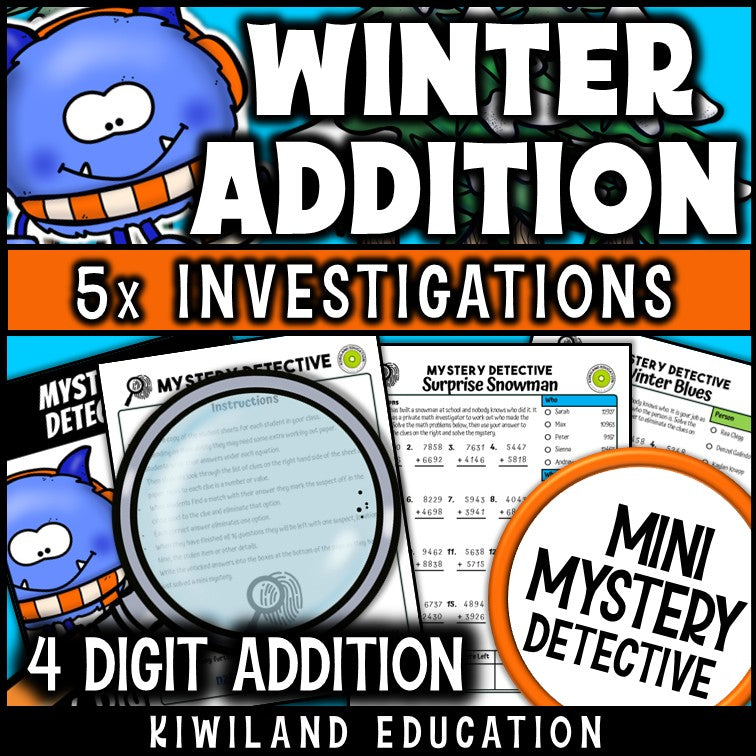 Snow day detective cases adding four digit numbers
