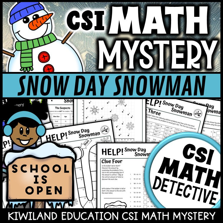 Snow Day Snowman winter addition and subtraction CSI Math Mystery cover for grades 2 to 5
