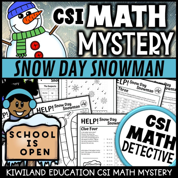 Snow Day Snowman winter addition and subtraction CSI Math Mystery cover for grades 2 to 5