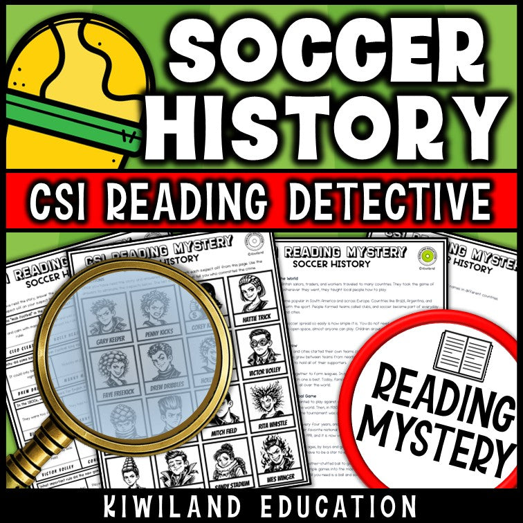 Soccer reading mystery multiple-choice comprehension questions with suspect elimination lineup