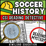 Soccer reading mystery multiple-choice comprehension questions with suspect elimination lineup