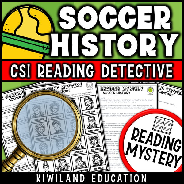 Soccer reading mystery multiple-choice comprehension questions with suspect elimination lineup