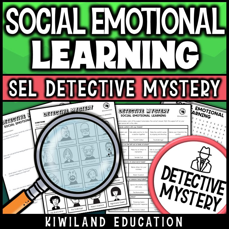 Social emotional learning reading mystery comprehension questions worksheet with suspect line-up