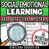 Social emotional learning reading mystery comprehension questions worksheet with suspect line-up