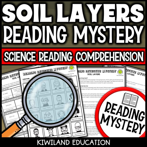 Soil layers reading mystery comprehension questions worksheet with suspect line-up