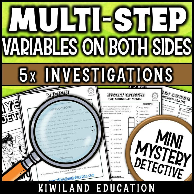 Solving multi step equations zombie mystery detective printable worksheets no-prep