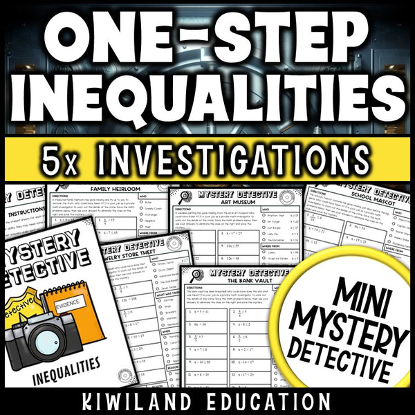 Solving one step inequalities worksheets 6th 7th grade CSI mystery