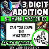 Can you solve the mystery, space-themed 3-digit addition printable math activity