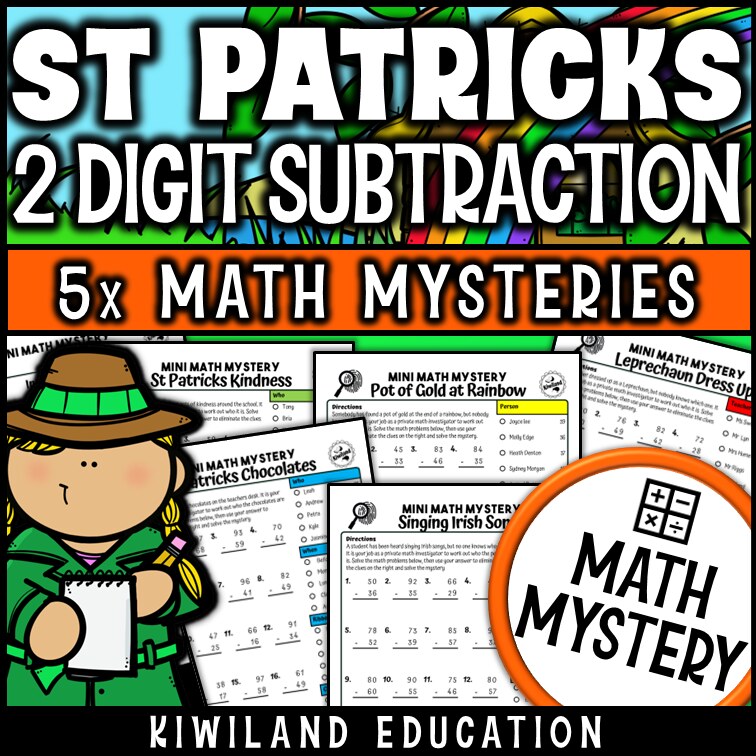 St Patrick's Day 2-digit subtraction with regrouping math mystery worksheets cover