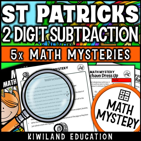 St Patrick's Day 2-digit subtraction math mystery worksheet sample page