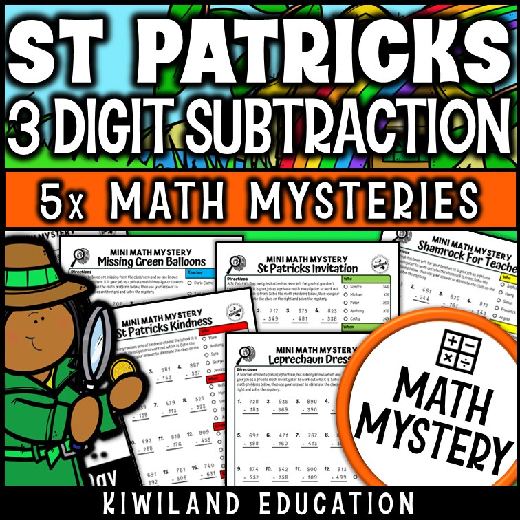 St Patrick's Day 3-digit subtraction with regrouping math mystery worksheets cover