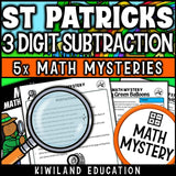 St Patrick's Day 3-digit subtraction math mystery worksheet sample page