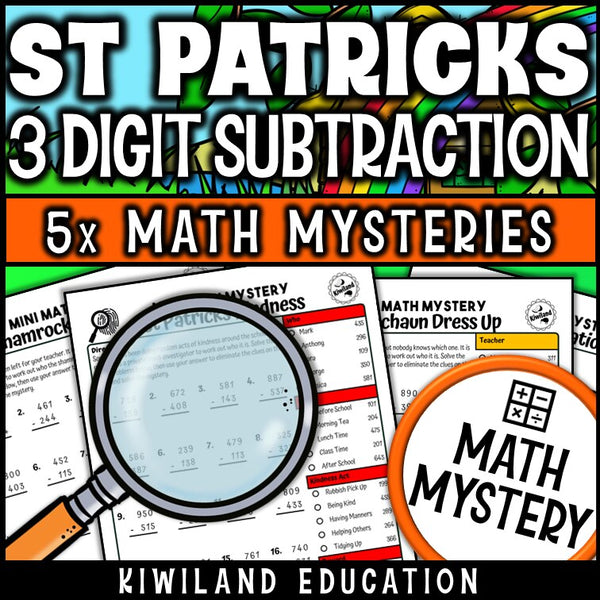 St Patrick's Day 3-digit subtraction math mystery answer key