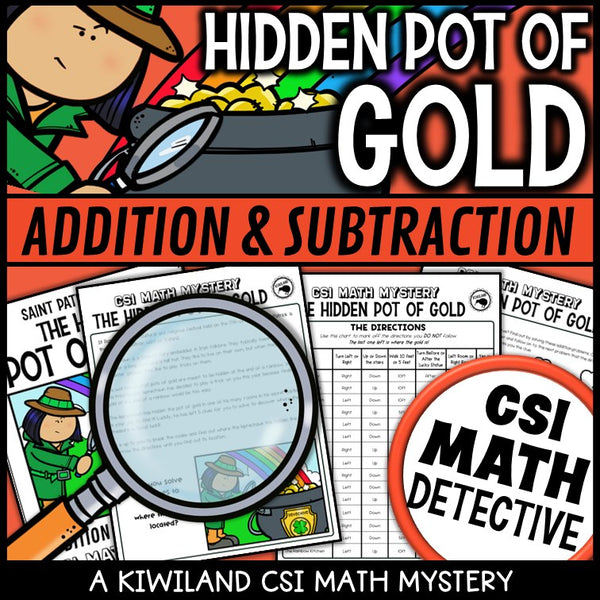 St Patrick's Day addition and subtraction clue worksheet pages - Hidden Pot of Gold mystery