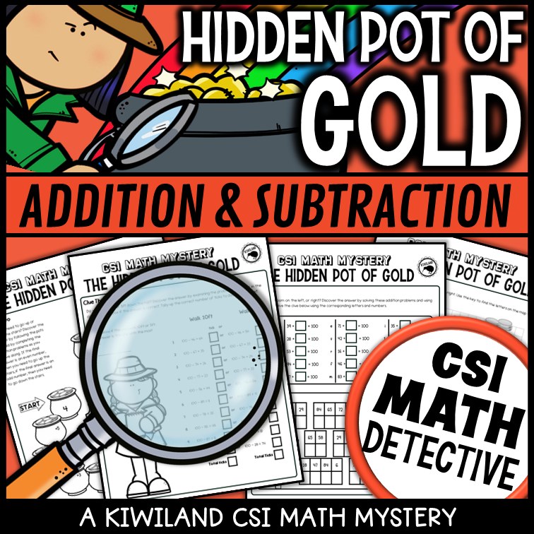 St Patrick's Day addition and subtraction suspect elimination page - Hidden Pot of Gold