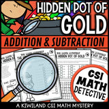 St Patrick's Day addition and subtraction suspect elimination page - Hidden Pot of Gold