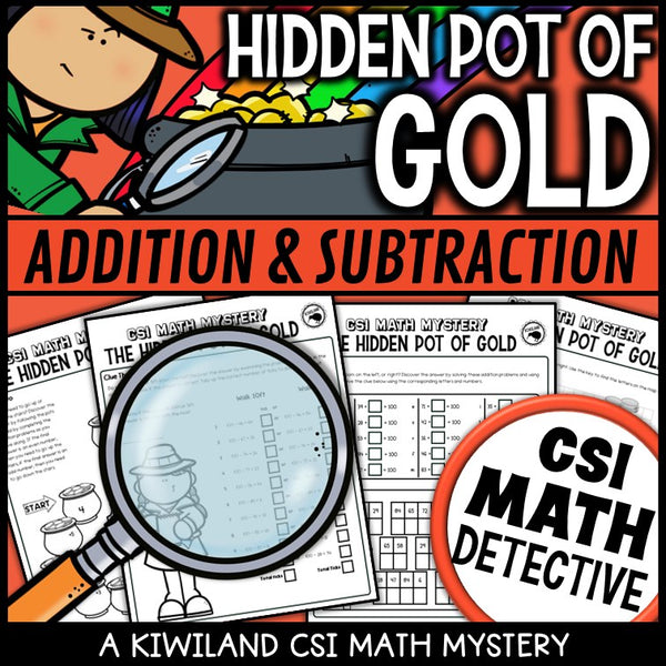 St Patrick's Day addition and subtraction suspect elimination page - Hidden Pot of Gold