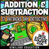 St Patrick's Day addition and subtraction within 100 digital escape room cover, math grades 1–3