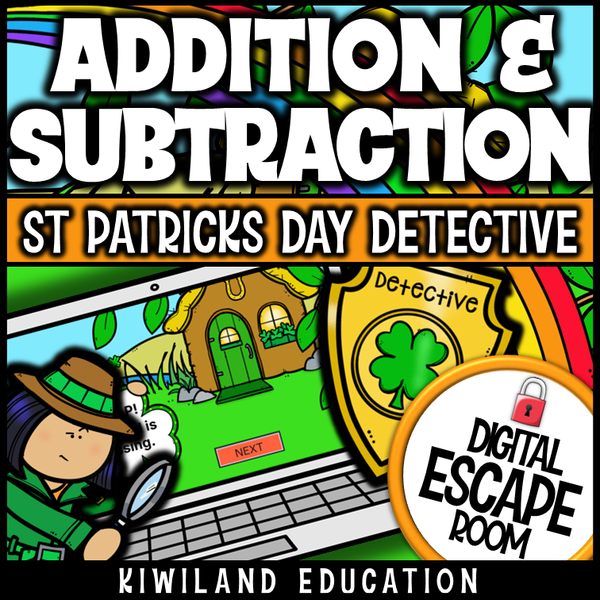St Patrick's Day addition and subtraction within 100 digital escape room cover, math grades 1–3