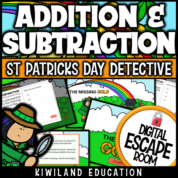 St Patrick's Day addition and subtraction within 1000 escape room puzzle screen