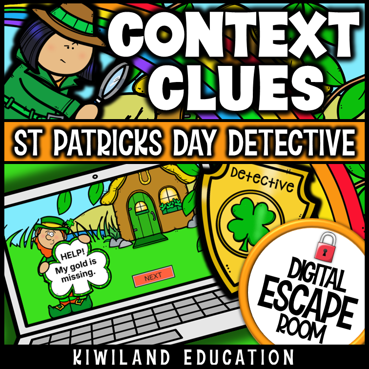 St Patrick's Day context clues digital escape room cover, ELA grades 4–7